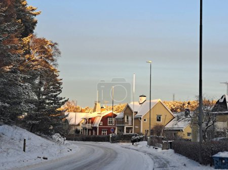 Foto de Un camino y casas cubiertas de nieve al amanecer - Imagen libre de derechos