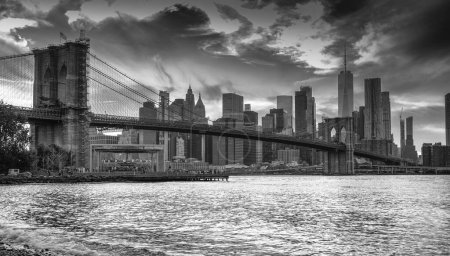 Téléchargez les photos : Un plan en échelle grise du pont de Brooklyn à New York - en image libre de droit