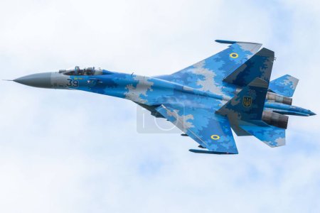 Photo for The SU27 Fighter aircraft from Ukrainian Air Force flying at Fairford during RIAT2019 - Royalty Free Image