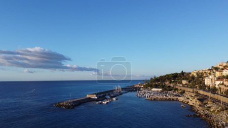 Photo for A drone shot of the rocky coast of the Bordighera, Italy - Royalty Free Image