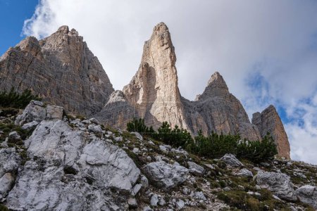 Photo for Fantastic panoramic view of Tre Cime de Lavaredo mountains with blue sky and beautiful clouds in South Tyrol, Italy - Royalty Free Image