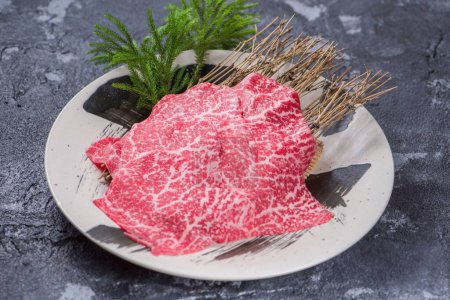 Téléchargez les photos : Plan rapproché de tranches de viande de marbre crue sur une assiette - en image libre de droit