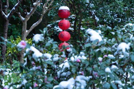 Téléchargez les photos : Un gros plan de lanternes chinoises en papier rouge accrochées dans le jardin enneigé d'un temple chinois - en image libre de droit