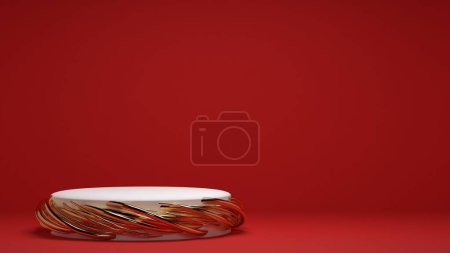 Foto de Un soporte 3D para la publicidad de productos con adornos dorados sobre un fondo rojo - Imagen libre de derechos