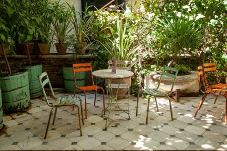Téléchargez les photos : Un café vintage, en plein air, avec des plantes dans des pots et un mur de briques en arrière-plan, par une journée ensoleillée - en image libre de droit