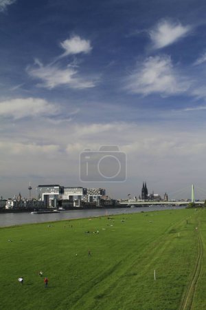 Foto de Un tiro vertical de un campo de hierba junto al río Rin a través de la ciudad de Colonia en Alemania - Imagen libre de derechos