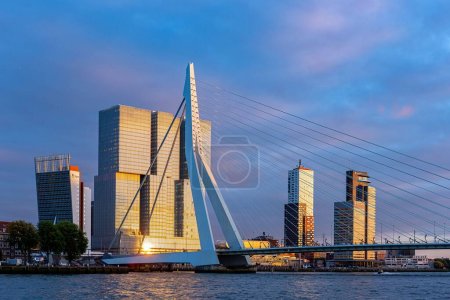 Téléchargez les photos : Réflexion solaire chaleureuse sur le pont Erasmus et les immeubles de grande hauteur du quartier financier de la ville néerlandaise en arrière-plan dans un ciel couchant - en image libre de droit