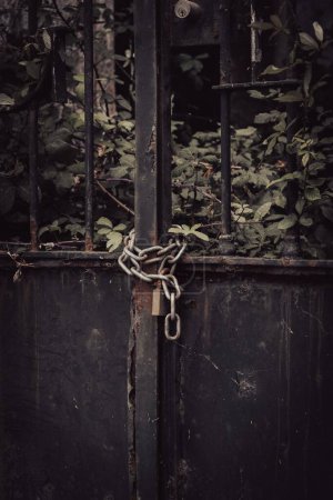 Foto de Una puerta de metal cerrada con una cadena y candado - Imagen libre de derechos