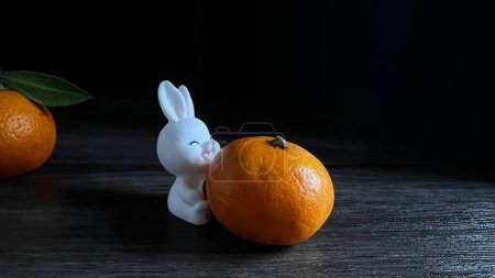 Téléchargez les photos : Un petit lapin mignon étreignant une orange mandarine sur le fond sombre - en image libre de droit