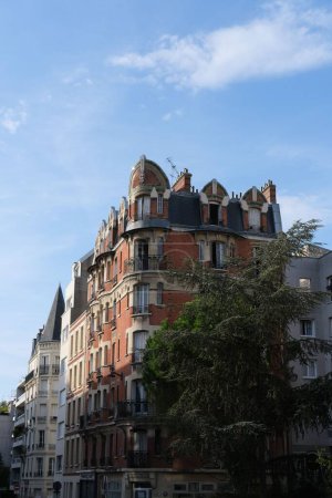 Photo for A vertical shot of a historic building exterior with nearby ivy plants in Paris, France - Royalty Free Image
