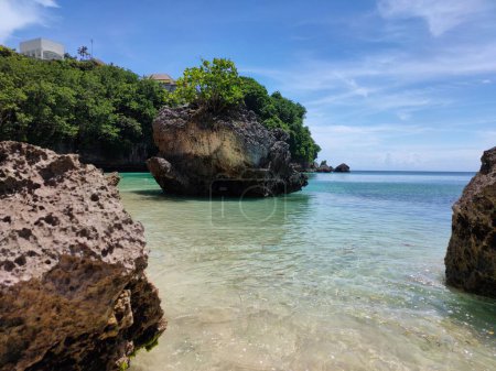 Téléchargez les photos : Une falaise rocheuse dans l'eau transparente près de la forêt dense par une journée ensoleillée à la plage de Padang, Bali - en image libre de droit