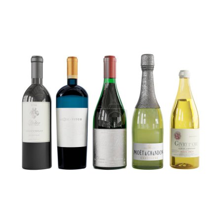 Téléchargez les photos : Un groupe de bouteilles de vin côte à côte sur fond blanc - en image libre de droit