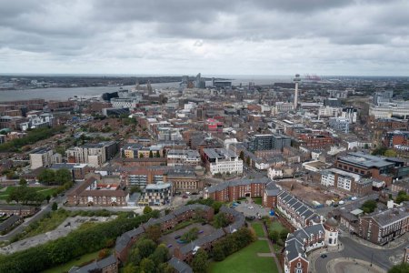 Photo for An aerial view of Liverpool city in the United Kingdom under a cloudy sky - Royalty Free Image