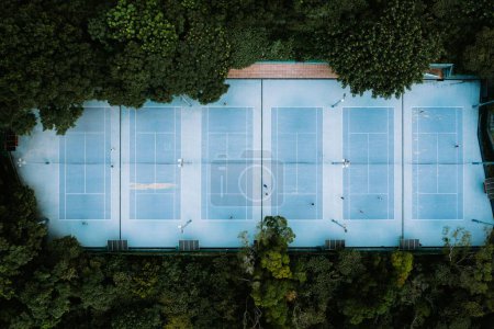 Foto de Una vista superior de las canchas de tenis azules ambientadas dentro de un ambiente selvático - Imagen libre de derechos