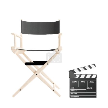 Téléchargez les photos : Illustration en 3D d'une chaise de studio et d'un plateau de applaudissements isolé sur fond blanc - en image libre de droit
