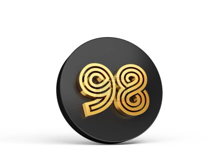 Foto de Un hermoso diseño de número real de oro 98 sobre una ronda negra aislada sobre fondo blanco - Imagen libre de derechos