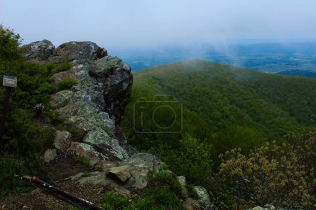 Téléchargez les photos : Une vue de hauts rochers aux montagnes couvertes de forêts verdoyantes sous le ciel brumeux dans le parc national de Shenandoah - en image libre de droit