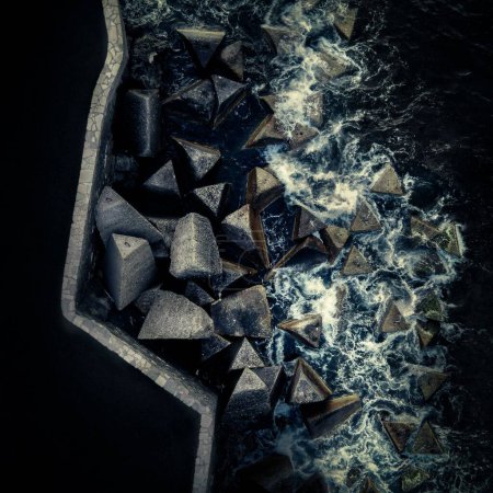 Foto de Una impresionante toma aérea de una ola de mar que se estrella en la costa rocosa con salpicaduras, aerosol y espuma. - Imagen libre de derechos