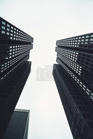 Foto de Una vista vertical de bajo ángulo a escala de grises de edificios urbanos negros contra el cielo blanco - Imagen libre de derechos