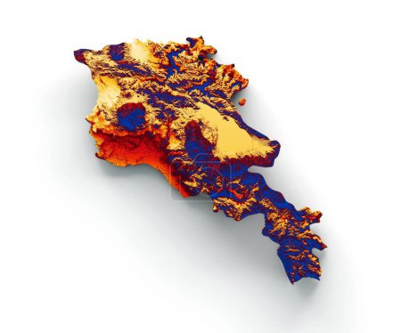 Téléchargez les photos : Illustration en 3D de la carte en relief ombragé arménien avec le drapeau Couleurs rouge, bleu et jaune - en image libre de droit