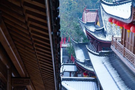 A landscape of the Faxi Temple covered in the snow in Hangzhou, China