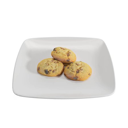 Téléchargez les photos : Illustration 3D de biscuits sur une plaque blanche isolée sur un fond blanc - en image libre de droit