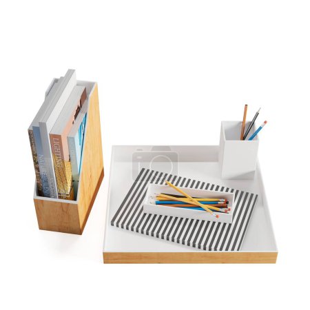 Foto de Ilustración 3D de un escritorio con libros y lápices aislados sobre fondo blanco - Imagen libre de derechos