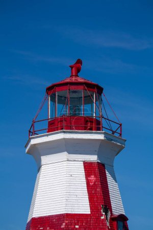 Téléchargez les photos : Plan vertical du phare de Head Harbour sur fond de ciel bleu à Campobello, Nouveau-Brunswick - en image libre de droit
