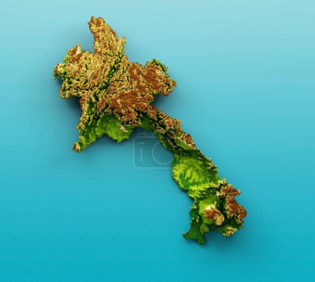 Téléchargez les photos : Une illustration 3D de la carte du Laos Relief ombragé Couleur Carte de hauteur sur la mer Bleu Fond - en image libre de droit
