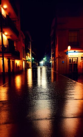 Téléchargez les photos : Un plan vertical d'une rue étroite avec des cafés et des magasins lors d'une nuit pluvieuse - en image libre de droit