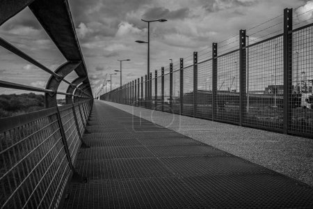 Foto de Una toma a escala de grises de un puente enjaulado bajo un cielo nublado. - Imagen libre de derechos
