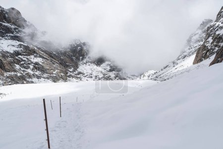 Téléchargez les photos : Une belle vue sur un trek enneigé avec des pointes de fer pour suivre le sentier - en image libre de droit