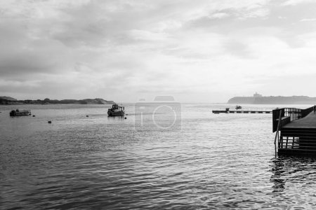 Foto de Un tiro a escala de grises del mar con barcos. - Imagen libre de derechos