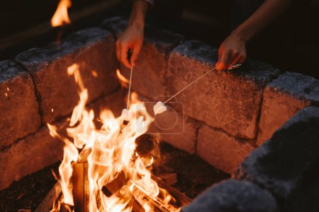 Téléchargez les photos : Une personne rôtissant de la guimauve près d'un grand feu à l'extérieur - en image libre de droit