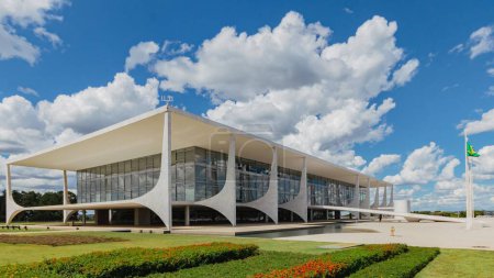 The Planalto Palace under a blue cloudy sky in Brasilia, Brazil