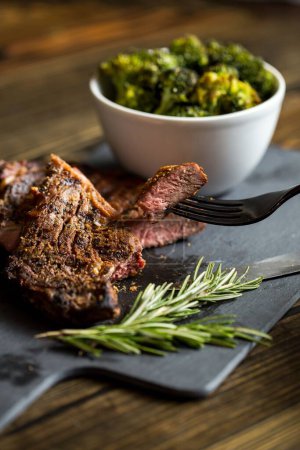 Photo for A High angle closeup of Steak and broccoli - Royalty Free Image