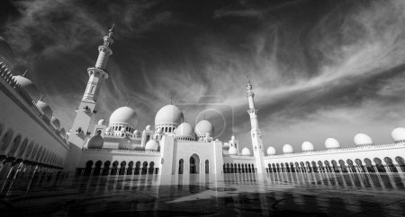 Téléchargez les photos : Un cliché en échelle grise de la Grande Mosquée Cheikh Zayed à Abu Dhabi, Émirats arabes unis - en image libre de droit
