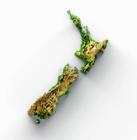 Téléchargez les photos : Une illustration 3D de la Nouvelle-Zélande Carte relief ombragé Couleur Hauteur carte sur fond blanc - en image libre de droit