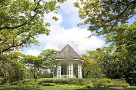 Téléchargez les photos : Un pavillon en pierre dans les jardins botaniques de Singapour avec des arbres et un ciel bleu à Singapour - en image libre de droit