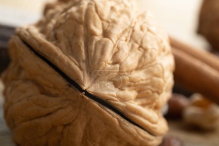 Photo for A closeup shot of a walnut on a table in a blurred background - Royalty Free Image