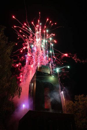 Foto de Un disparo vertical de fuegos artificiales desde la Torre Bismarck en Burg, Alemania. - Imagen libre de derechos