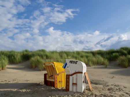 Téléchargez les photos : Un gros plan de chaises de plage à capuchon sur la plage de sable de l'île Juist, par une journée nuageuse, avec de l'herbe verte en arrière-plan - en image libre de droit