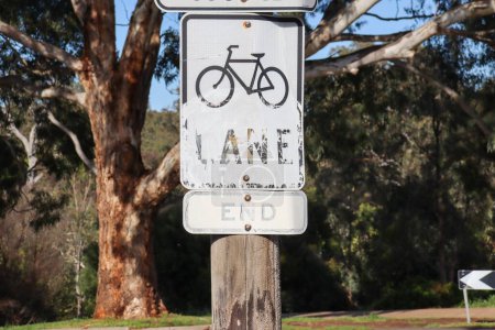 Téléchargez les photos : Un panneau de piste cyclable sur un tronc d'arbre - en image libre de droit