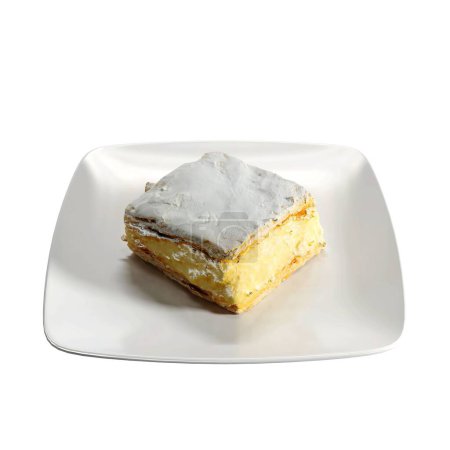 Photo for A 3d vanilla custard slice on a plate isolated on a white background. - Royalty Free Image