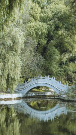 Photo for A vertical view of a medieval bridge connecting the riverbanks in a greenery - Royalty Free Image