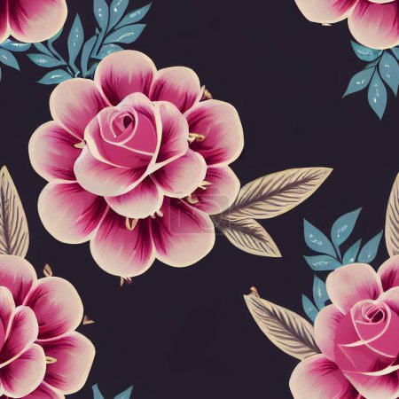 Téléchargez les photos : Un gros plan de motif floral vintage sans couture sur un fond noir - en image libre de droit
