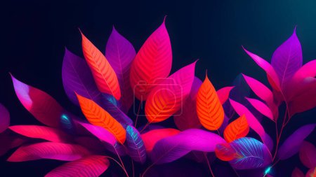 Téléchargez les photos : Abstrait lumineux néon feuilles et fleurs dans une jungle la nuit - parfait pour fonds d'écran - en image libre de droit