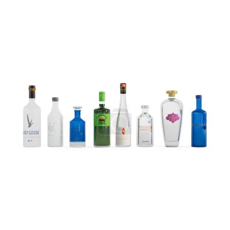 Téléchargez les photos : Illustration 3D de bouteilles de boissons alcoolisées isolées sur fond blanc - en image libre de droit