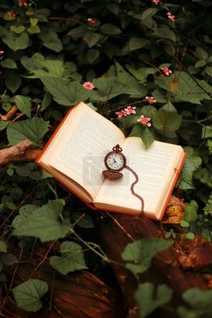 Photo for A vertical shot of an open book with a small chain watch in the garden. - Royalty Free Image
