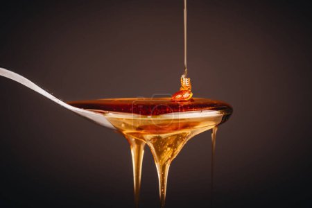 Photo for A close up shot of honey being poured into a silver spoon isolated on a dark background - Royalty Free Image